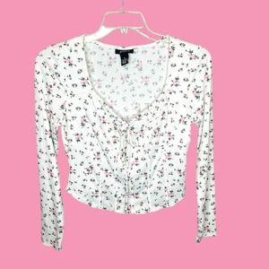 Just Polly Crop Top Womens Extra Large XL White Floral Ribbed Long Sleeve
